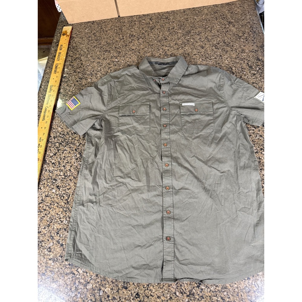 Grunt Style Mens XL Short Sleeve Button Down Tactical Shirt Olive Green US Flag